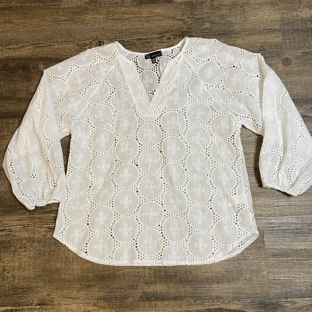 Carre Noir White Eyelet Cotton Blouse Boho Cottagecore Pheasant Top Coastal M‎